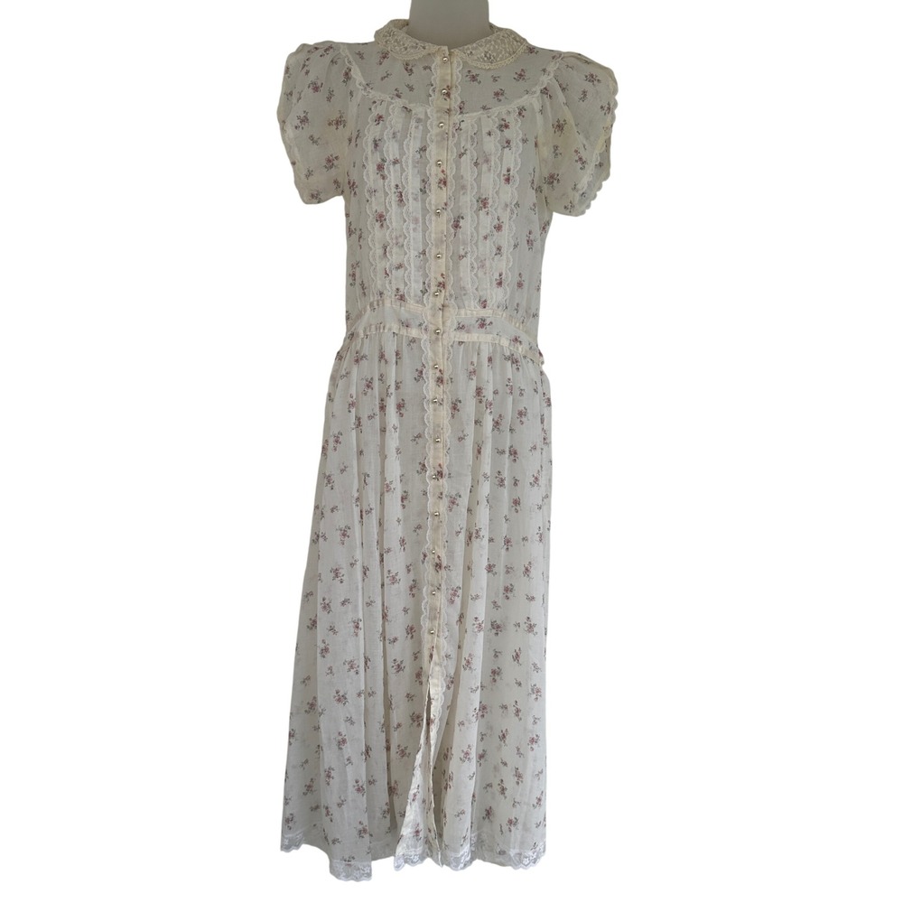 Gunne Sax Jessica McClintock Vintage 70's Dress Women 7 Floral‎ Lace Prairie